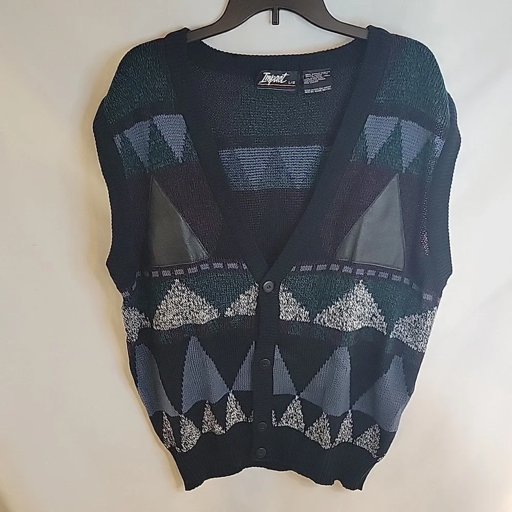 Impact Vintage 80s Button Up Sweater Vest Geometric Grandpa Leather Trim Men's L